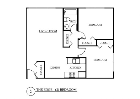 Floor plan for 2 beds, 1 bath, 984 sqft